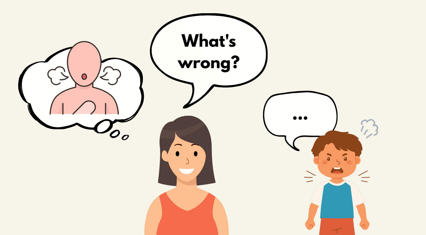 Adult unsuccessfully asking an angry child what's wrong.
